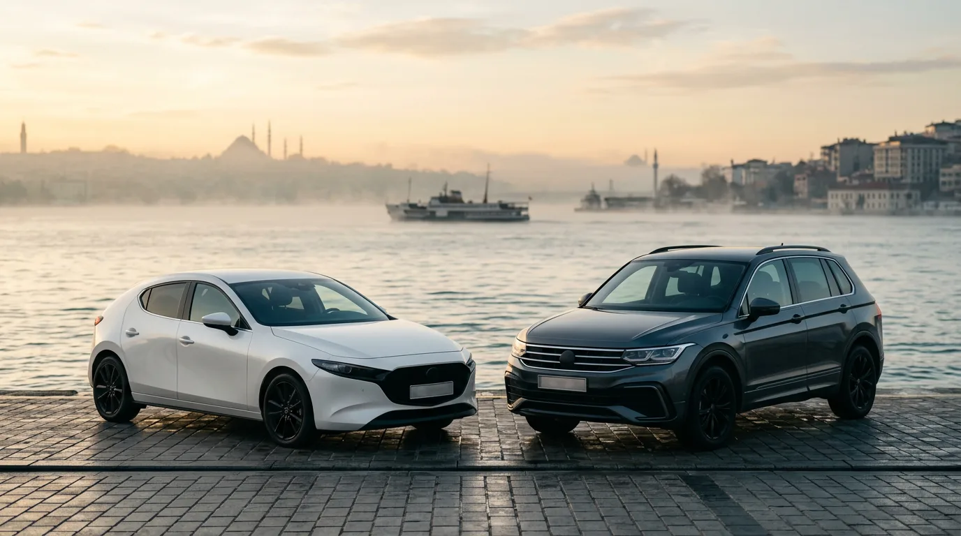 Şafakta Boğaz kıyısında yan yana park edilmiş ekonomik araç ve SUV.