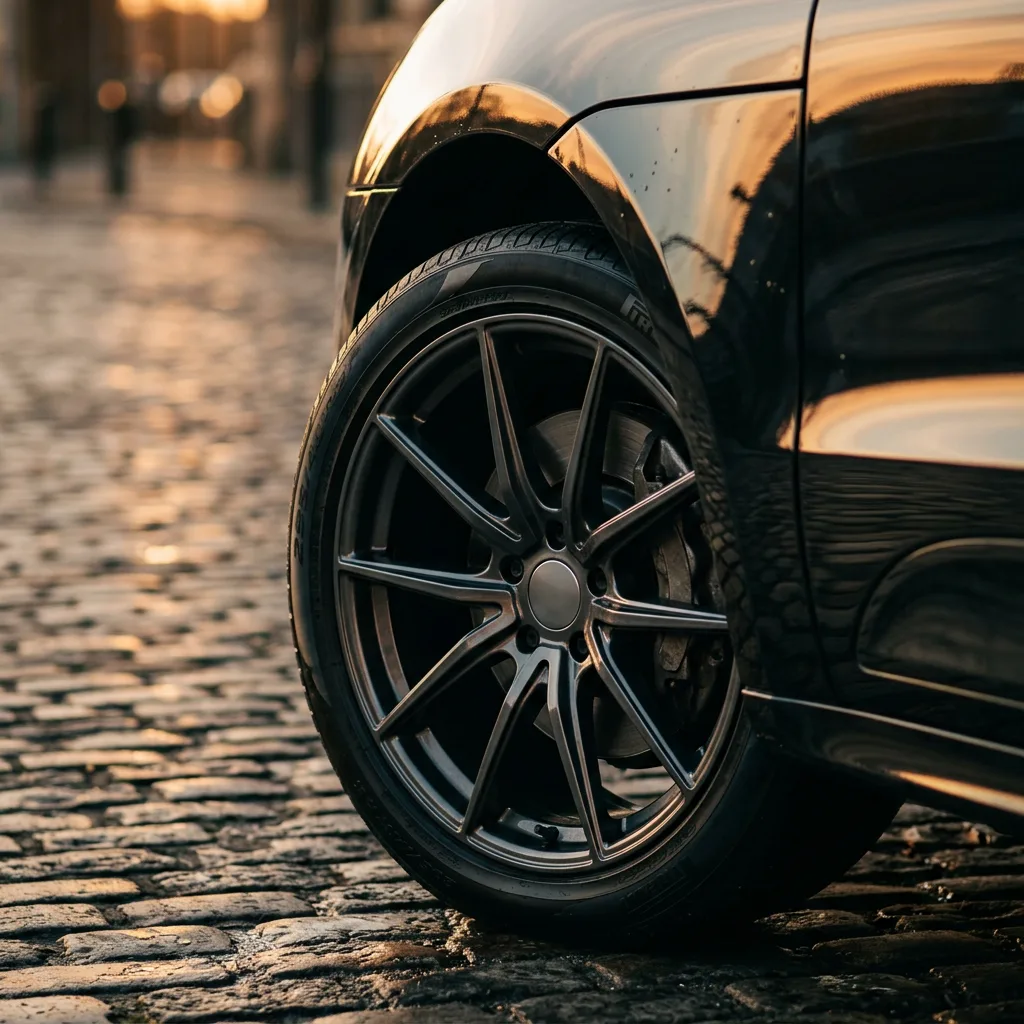 Siyah SUV aracın jant ve karoser yansıması üzerine yakın çekim.